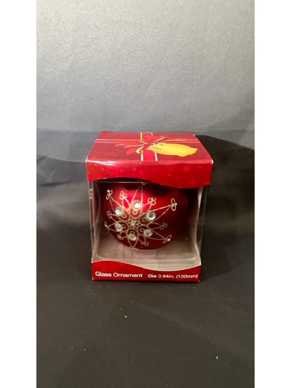 Glass Ornament Red Finial Snowflake Rhinestones 3.94" Boxed